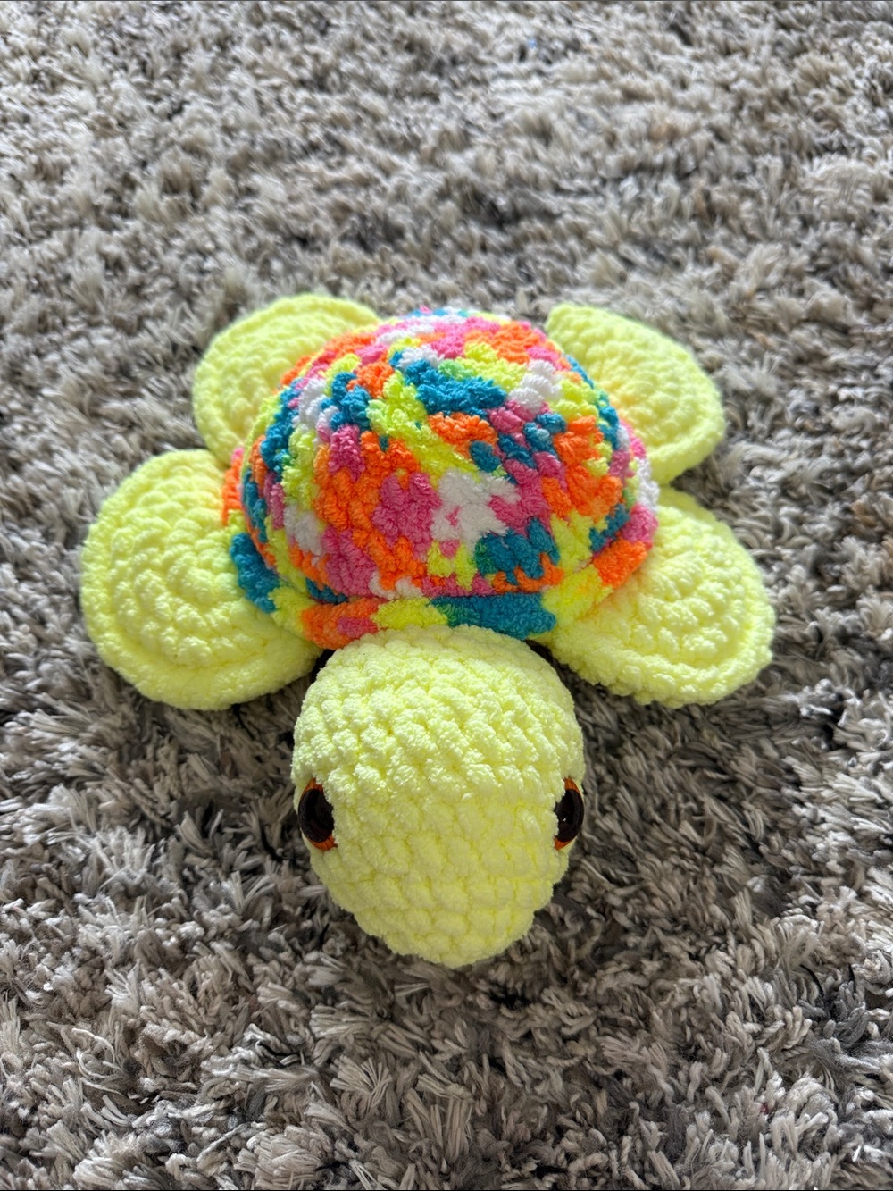 Plush Crochet Turtle Toy - Neon Yellow & Multicolor Shell